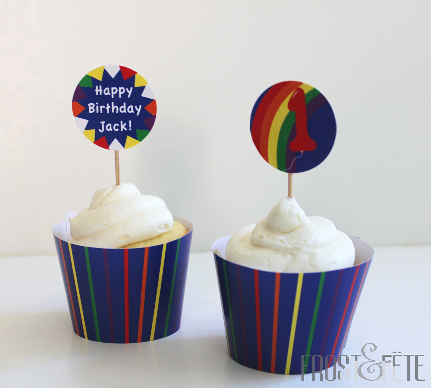 Personalized happy birthday cupcake toppers and wrappers, set of 12