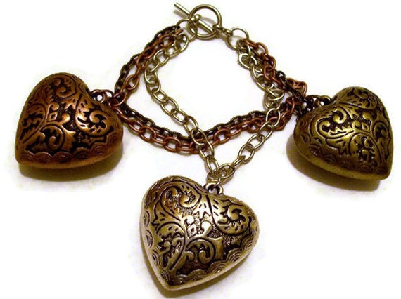 Chunky Heart Bracelet Mixed Metals Triple Chain Jewelry
