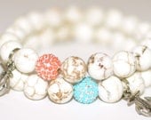 Ivory Magnesite "Anchors Away" Semi Precious Gemstone Beaded Bracelets with Turquoise or Coral Swarovski Crystals & Silver Anchor Charm