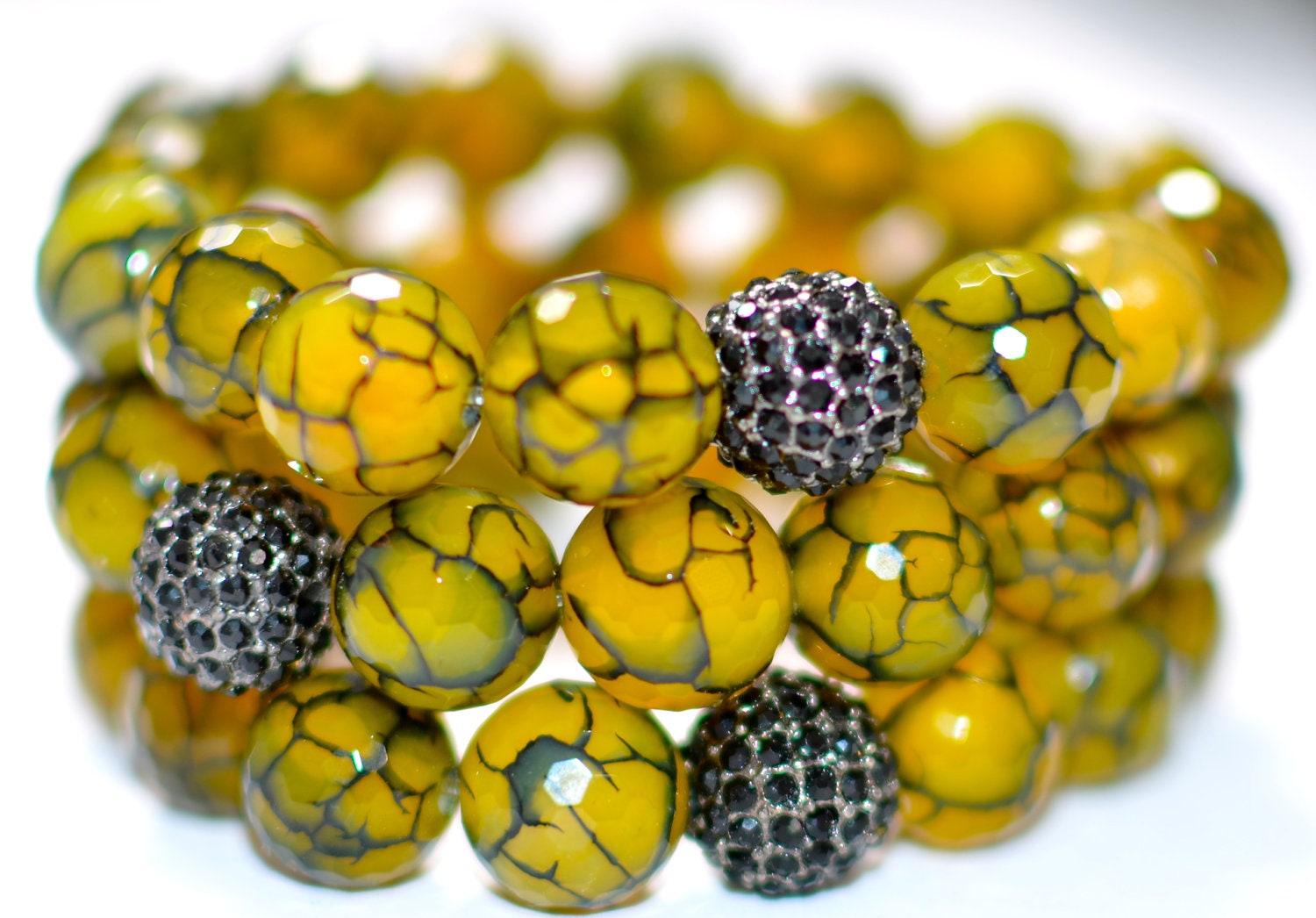 Faceted Fire Crackle Agate Semi Precious Gemstone Beaded Bracelet with Black Pave Rhinestones