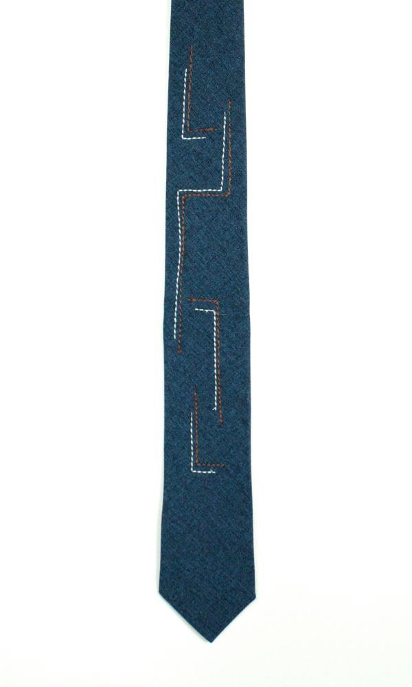 Frankie Four Handmade Skinny Blue Necktie with Geometric Stitching