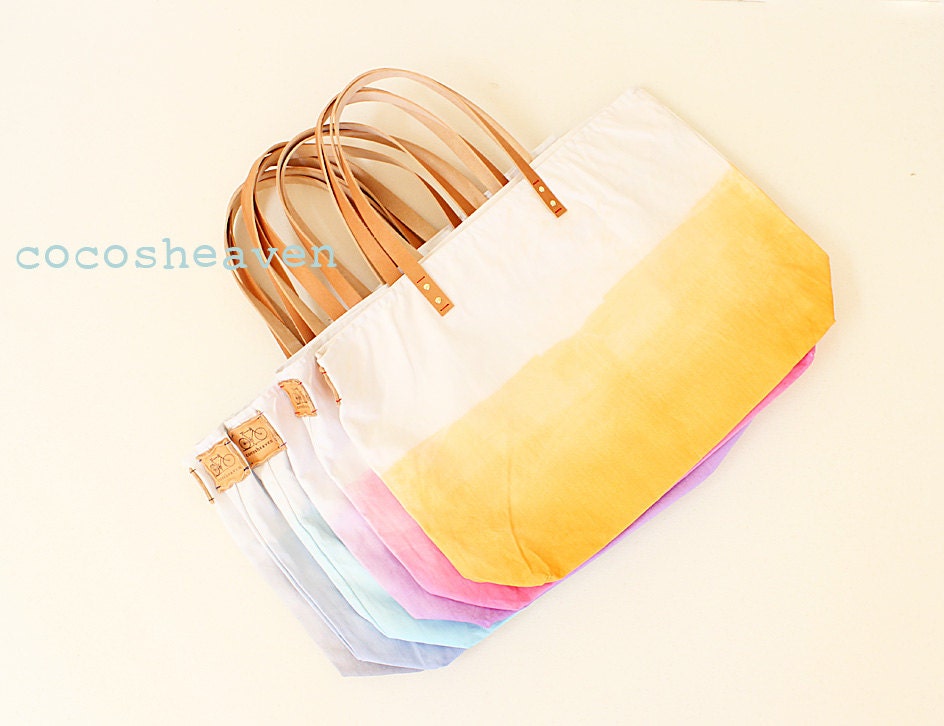 6 Large Canvas Ombre Tote Bags - Wedding Package for Bridesmaids (6 different colors) - with leather straps
