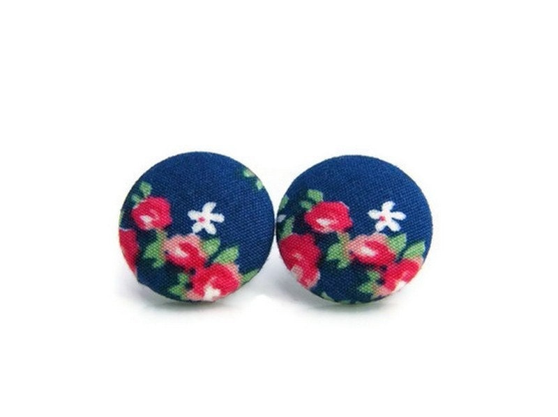 Fabric buttons, Earrings covered fabric buttons, Stud Earrings, flower garden - ready to ship