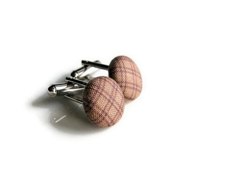 Cuff Links, Brown Fabric Cufflinks, Checkered Fabric Button Cufflinks, Gift for Men