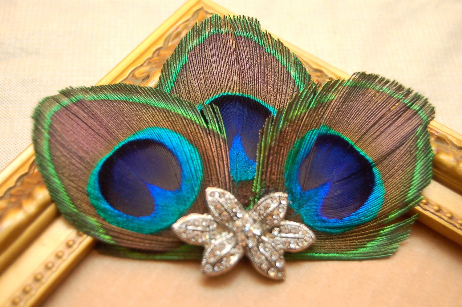 ELENA-Peacock Feather Fan Bridal Hair Clip with Silver Rhinestone Bow- Bridesmiad Hair Clip