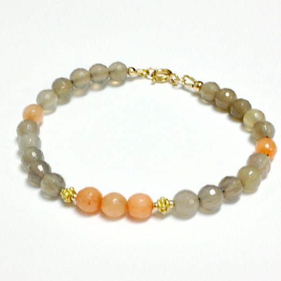 Peach Gray Bracelet Gold Vermeil Jewelry Coral Agate Gemstone Jewellery Grey Fall Fashion Basic Colors Natural B-318