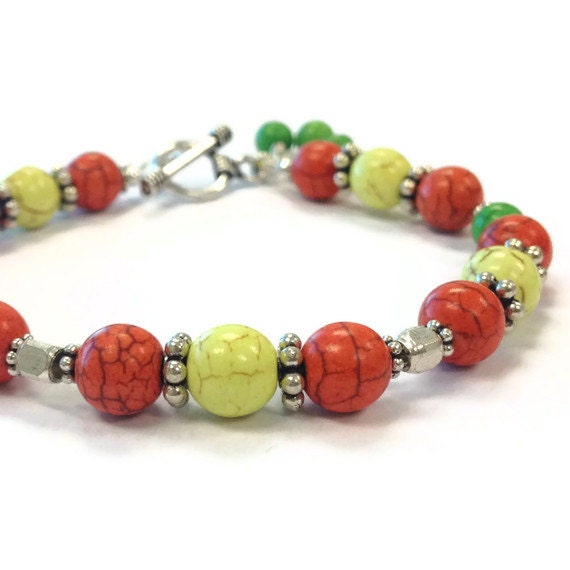 Turquoise Multicolor Bracelet Yellow Orange Green Gemstone Sterling Silver Jewelry Jewellery Bright Colors Summer Fashion Neon B-289