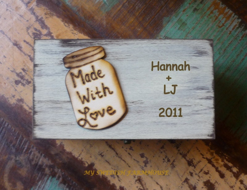 Rustic Recipe Box Painted and Distressed in the COLOR of YOUR CHOICE Personalized and Heart or Mason Jar