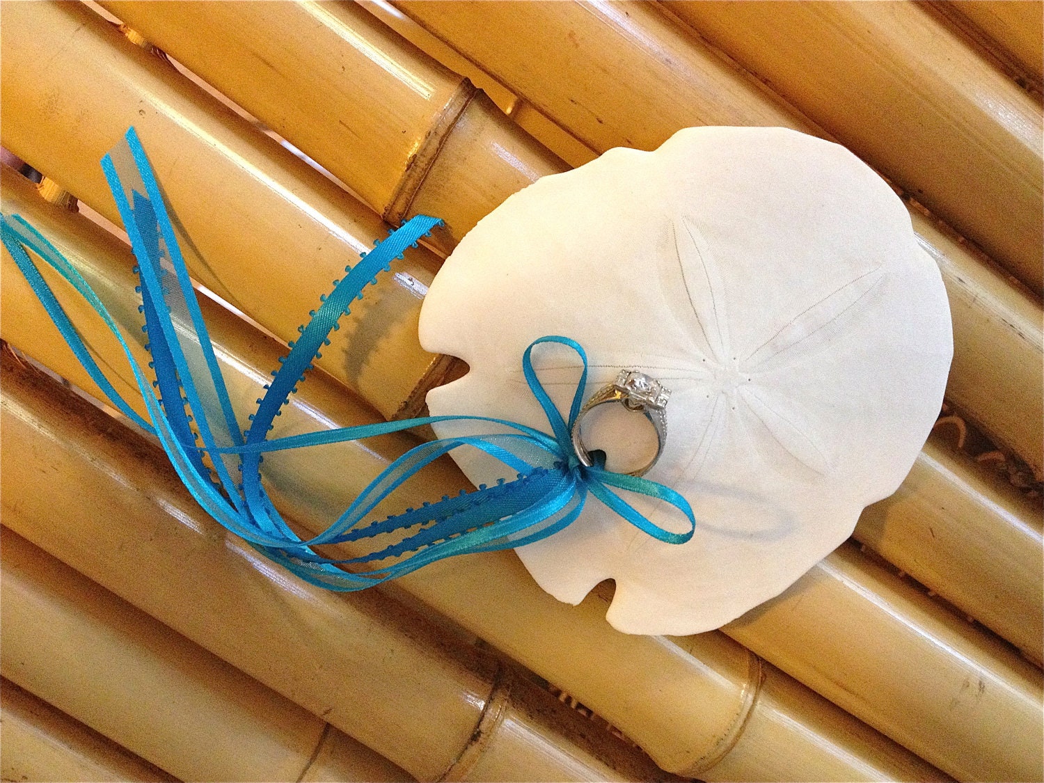 Beach Wedding Sand Dollar  Ring Bearer Pillow Alternative w/ Customizable Ribbon Color(s)