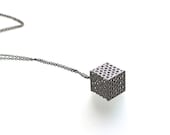 minimalist jewelry necklace - Perforated Grey Honeycomb Cube Pendant. Polished Alumide. geometric, 3D Printed. Modern Design