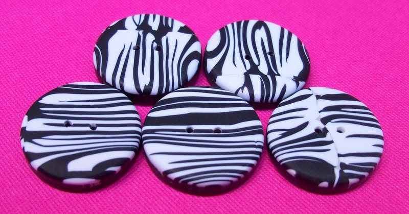 Zebra Striped Hand Crafted Polymer Clay Buttons, set of 5, 3/4 inch black and white