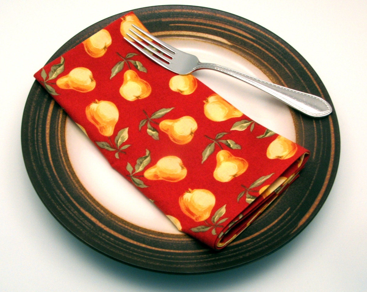 Red Cloth Napkins, Yellow Pears, 18 Inch, Set of Four