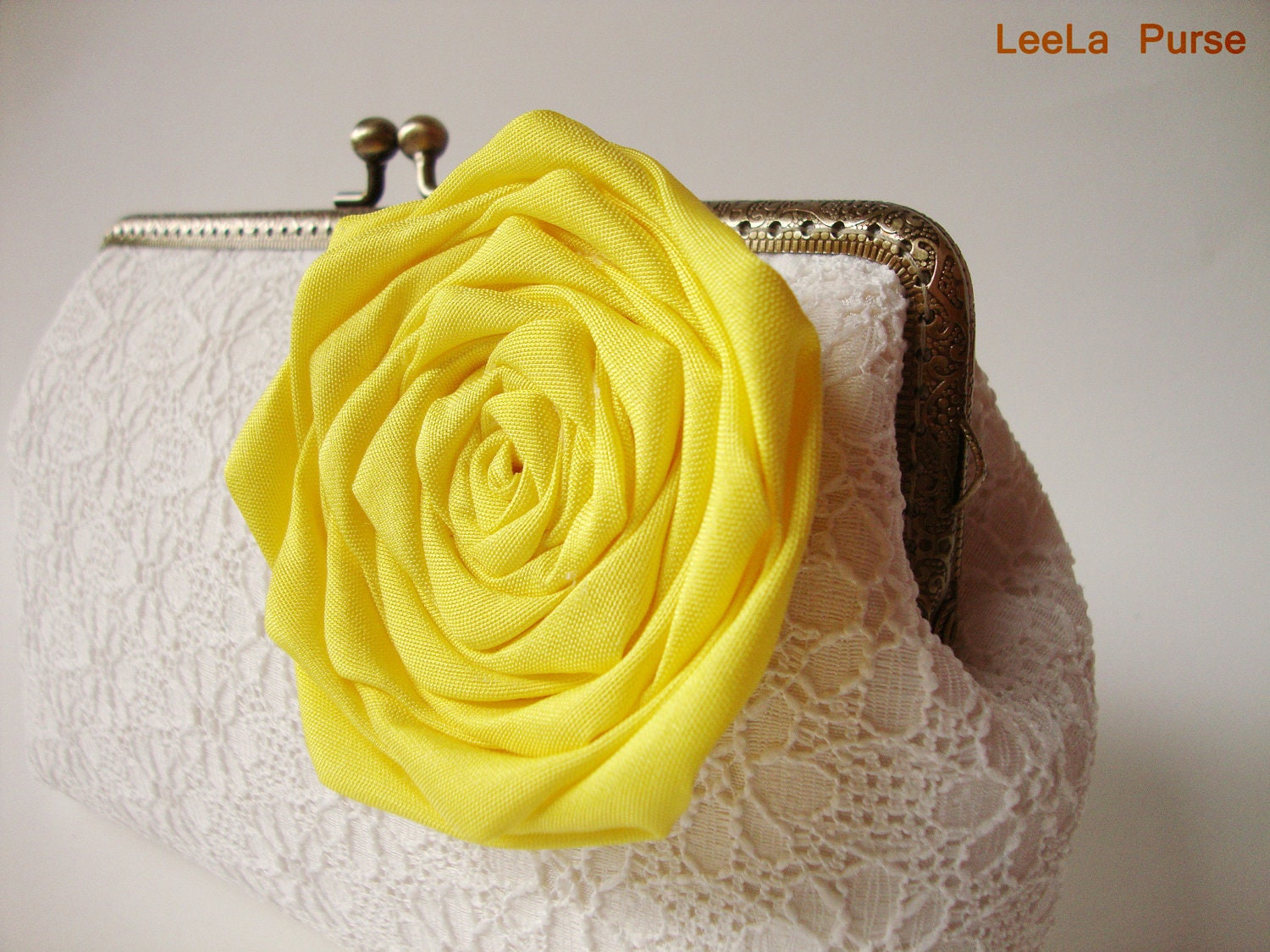 Bridesmaid gift idea - Set of six White Lace Clutch with Silk Rose Flowers --  or choose your own initial option - Spring rustic wedding