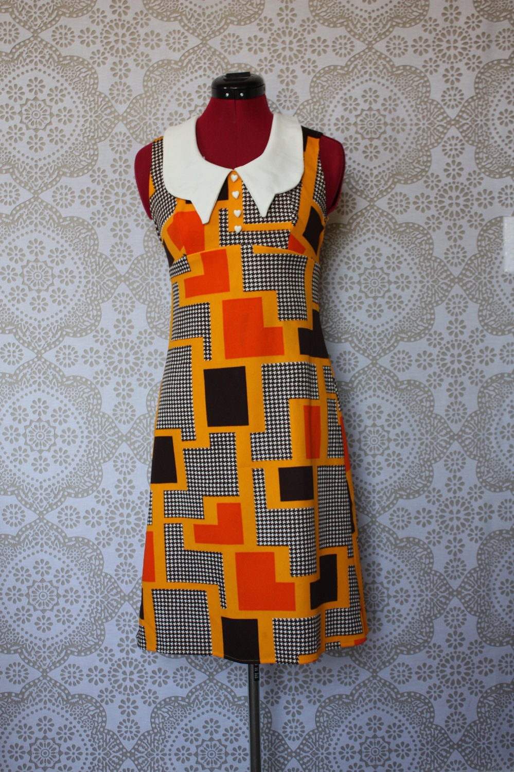 Vintage 1960's 70's Autumnal Geometric Shapes Print Mod Mini Dress S/M