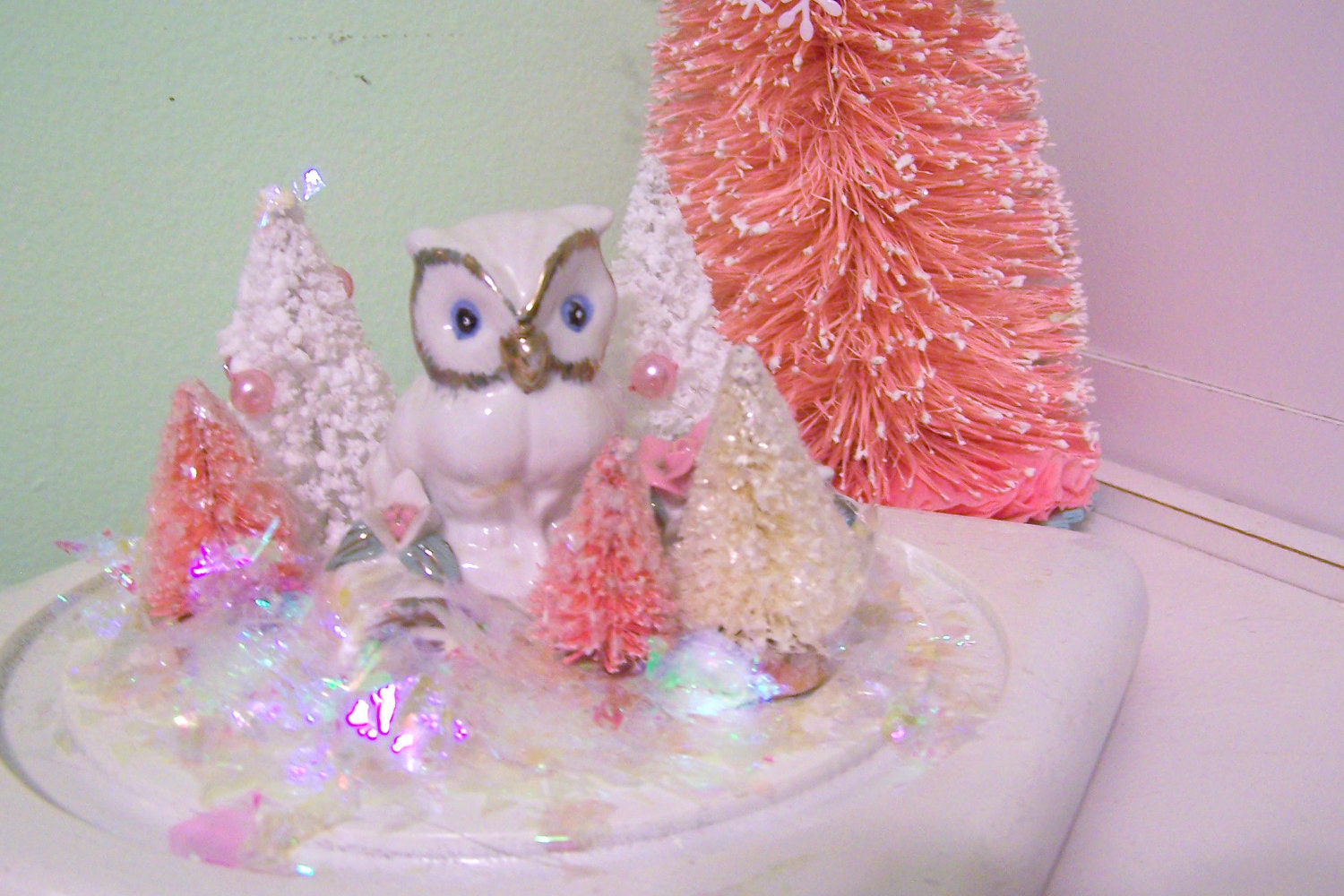 Vintage Owl- Snow Dome- Snow Globe- Bottlebrush Trees- Vintage Cloche