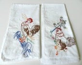Vintage Embroidered Flour Sack Towels Rooster Hen and Chicks Scarecrow Set of 2