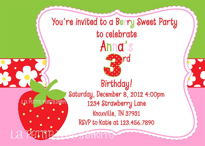 Strawberry Birthday Inivtations-Berry Sweet-Pink Greeen Girl Invitations Il_170x135