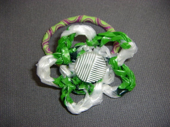 Green, White, and Purple Plarn Flower Ponytail Holder with Vintage Button