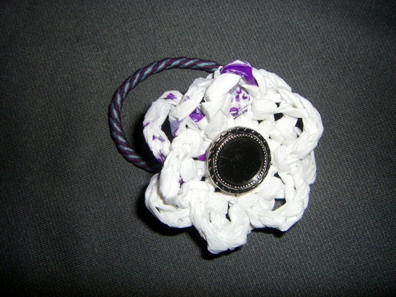 Double Plarn Flower Ponytail Holder with Vintage Button purple and white