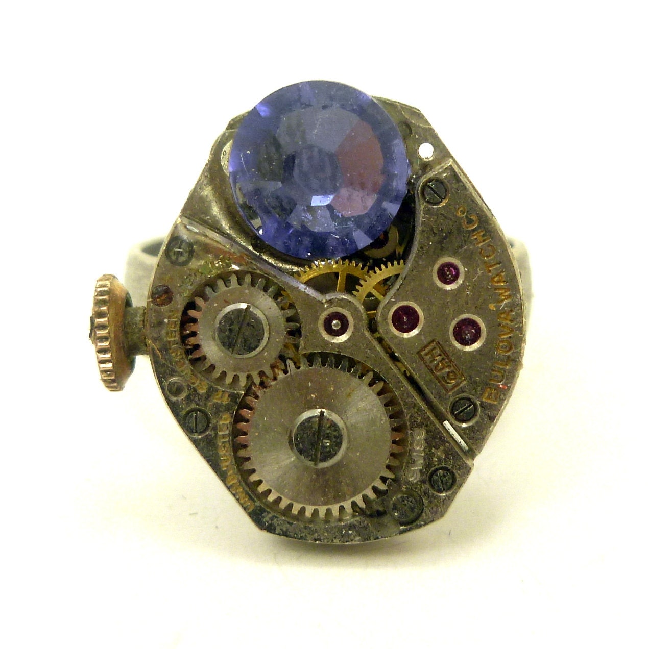 Steampunk Watch Movement Adjustable Ring with Purple Swarovski Crystal
