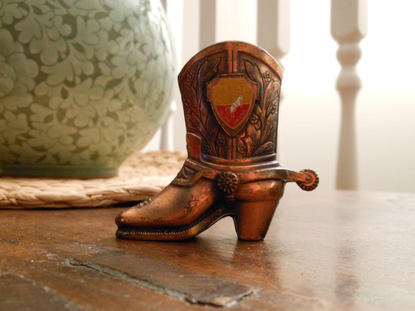 Vintage Miniature Copper Cowboy Boot Souvenir with Texas Badge