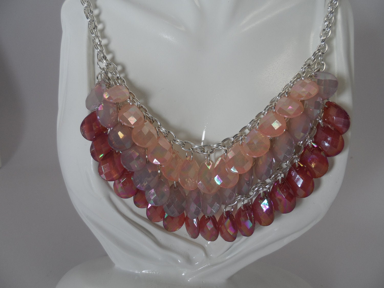 One of kind 3 Layer Tri -tone Pastel Bib Necklace and Earrings /One of a kind Beaded Statement Necklace and Earrings