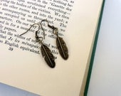Plume.  Antiqued Brass Feather Earrings. Dangle.