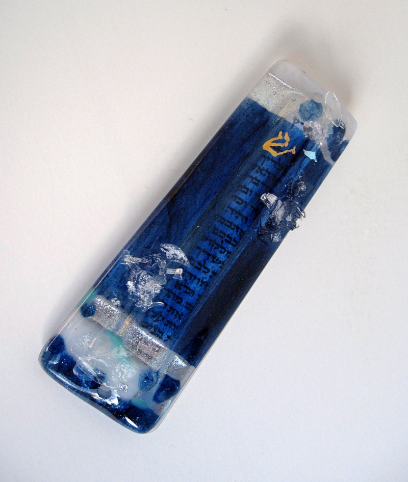 Custom Fused glass mezuzah with wedding glass shards, gold painted Shen or chai, dichroic glass