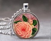 Peach Vintage Rose, Photo Pendant,  Altered Art Pendant, Glass Dome Pendant Necklace, no. 009-3
