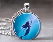The Little Mermaid, Photo Pendant, Altered Art Pendant, Glass Dome Pendant Necklace with Ball Chain  no 992-8