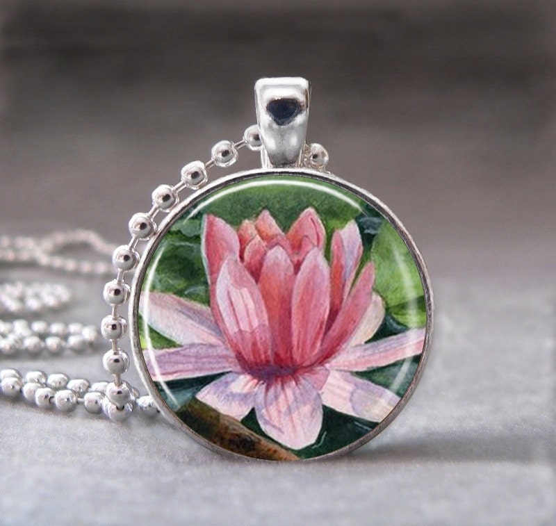 Pink Water Lily Flower, Photo Pendant, Altered Art Pendant, Glass Dome Pendant Necklace, no 999-2