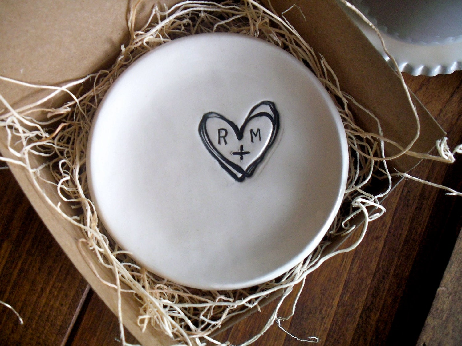 wedding ring dish,  ring holder, engagement, custom monogram initial tray,  Black and White,  Gift Boxed, Made to Order