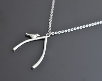 Wish bone with little bird rhodium necklace. - gift