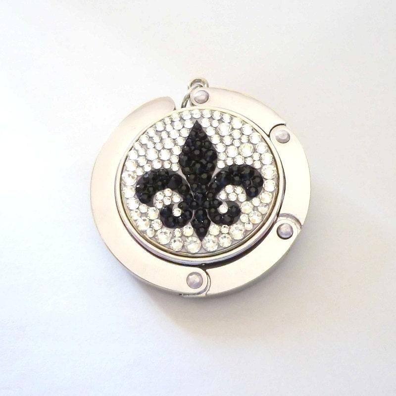 Fleur De Lis  foldable bag hanger, purse hook, bag holder made with Swarovski flatback crystals - Black x  Crystal