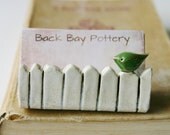 Little Bird On a White Picket Fence - Ceramic Business Card Holder - Moss Green