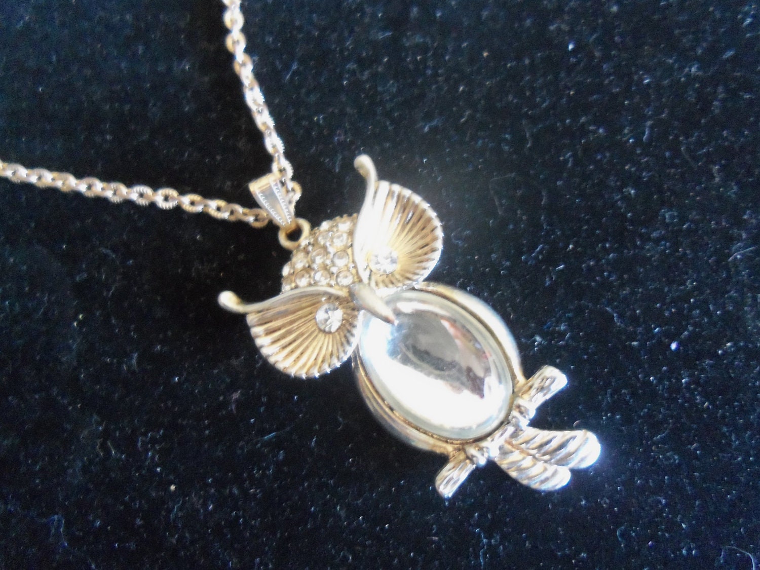 Cute Vintage Owl Rhinestone Necklace Pendant 1960's Retro Collectible Accessory