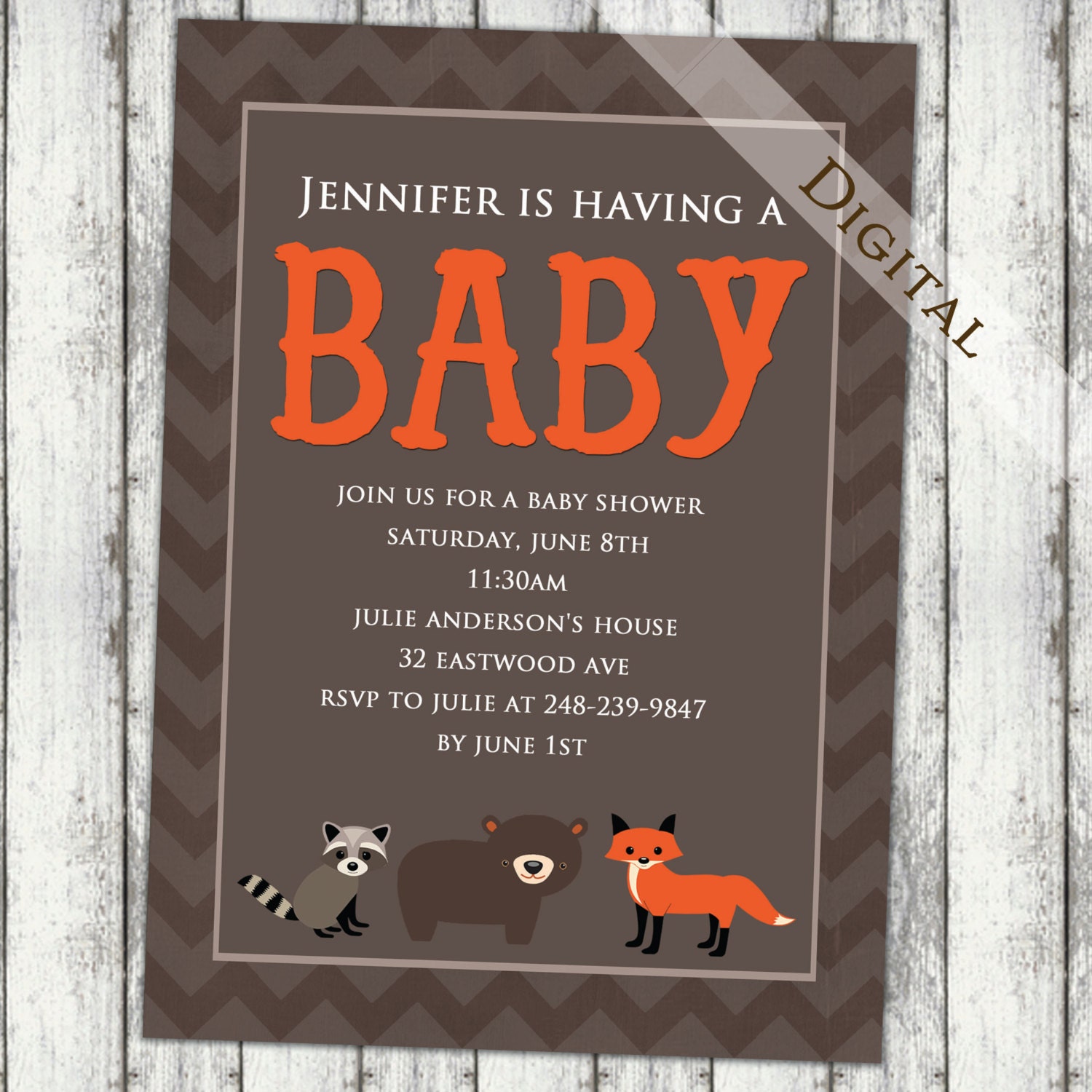 woodland baby shower invitations with fox, bear and raccoon, orange and brown, Digital, Printable file (item39)