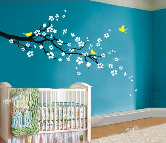 plum blossom Floral with Flying Birds -cherry blossom decal,wall decal tree decal nursery wall decal baby wall decal children wall decal