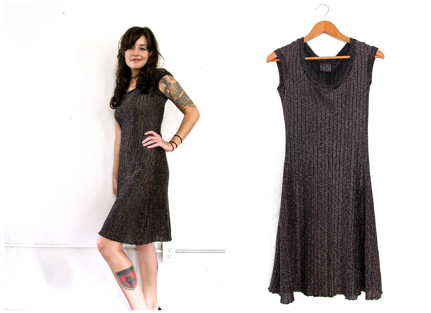 party time. excellent. vinatge 1970s clovis ruffin oilslick metallic knit dress. size small