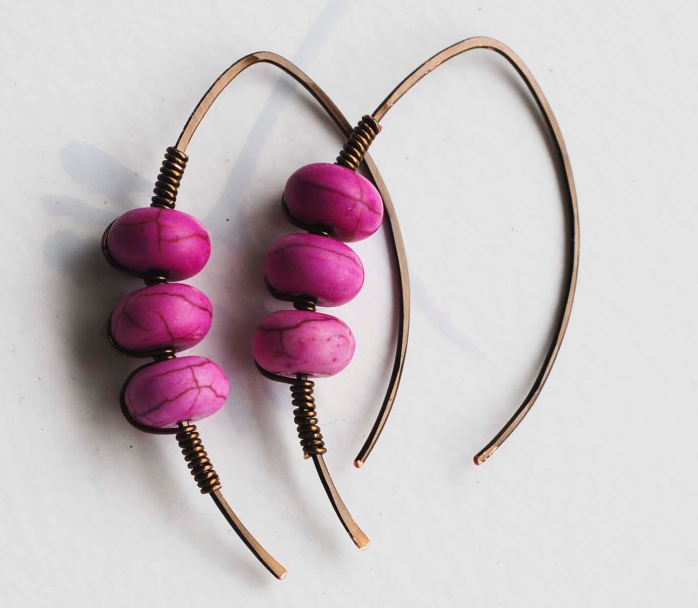 Dyed Purple Howlite Gemstone Antique Bronze Plated Wire Hoop Earrings