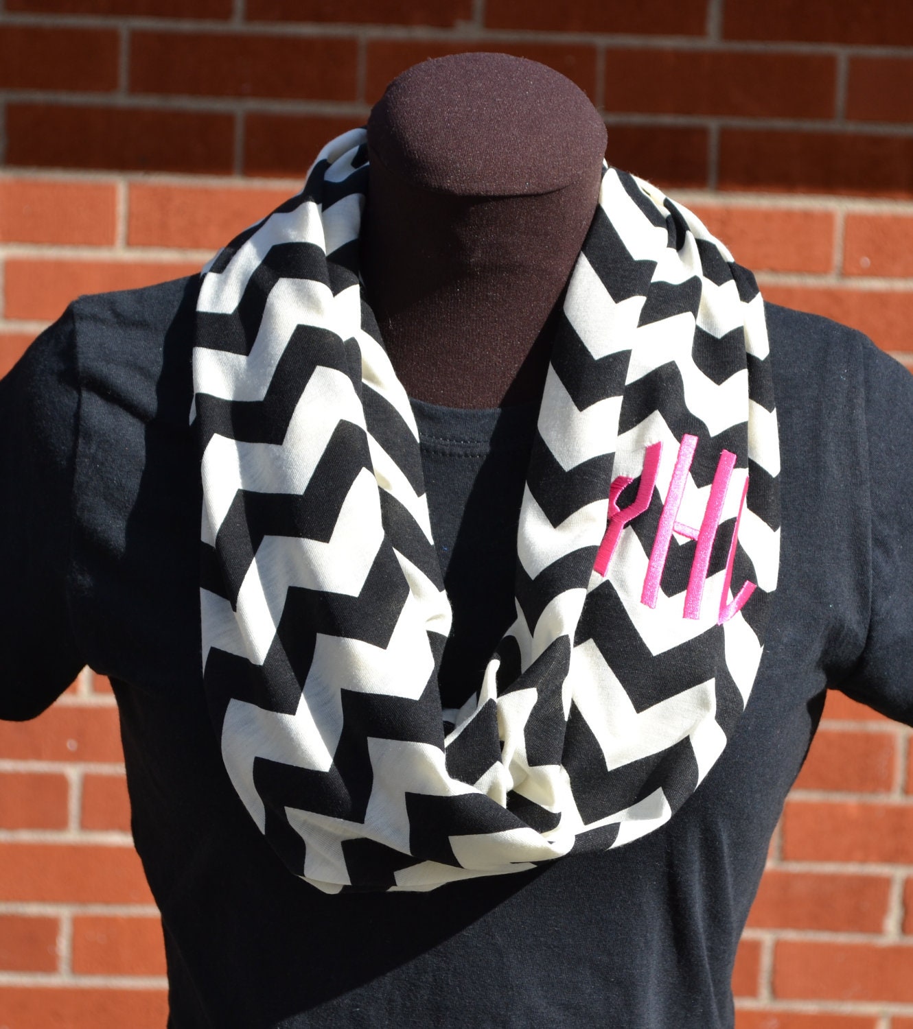 Monogrammed Chevron Infinity Scarf Cream and Black Knit Jersey