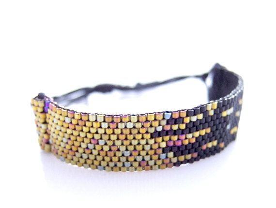 Black Beaded Bracelet, Cotton Cord Bracelet, Stardust Pixel Effect, Gold Cord Bracelet, OOAK Handmade by JeannieRichard