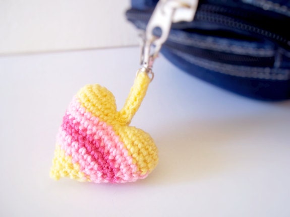 Yellow striped heart plush key chain  on short cord / heart keychain