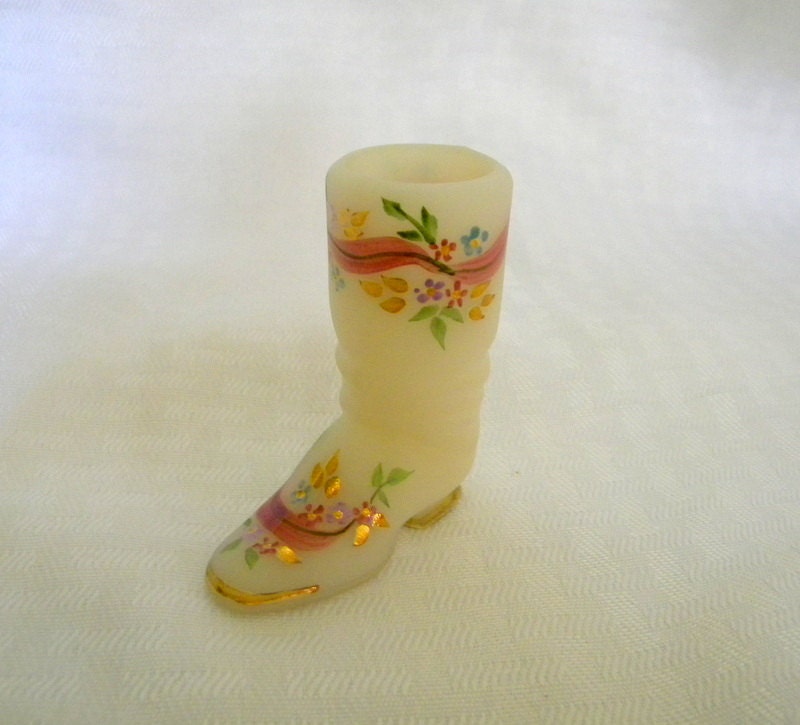 Fenton boot handpainted pink floral on cream custard glass signed and marked