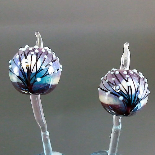 Pikalda-Handmade lampwork 2 beads pair earring tree moon-Midnight-SRA-make to order-