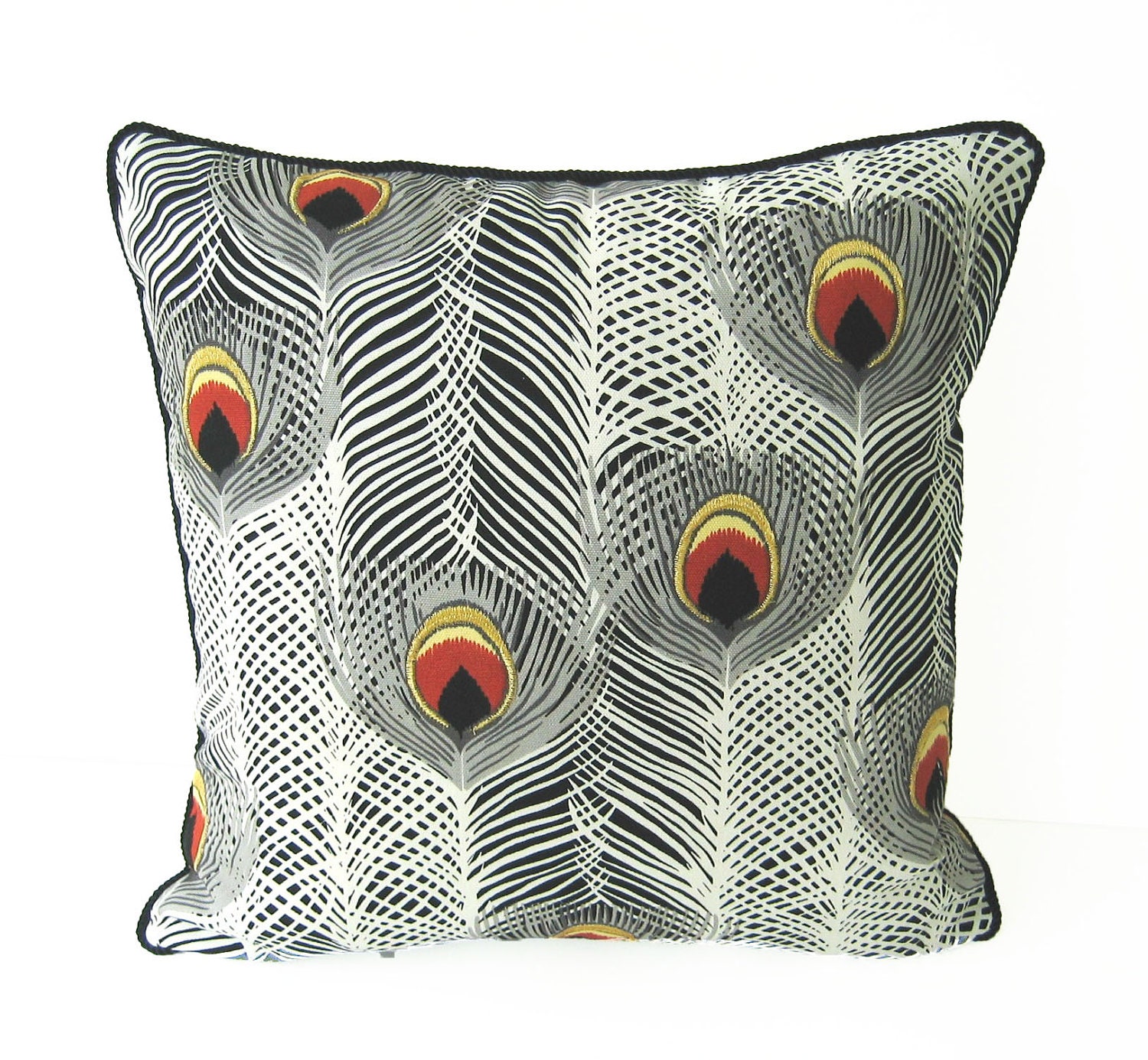 PAIR - BLACK WHITE Pillow Covers 18" X 18," With Peacock Eyes, 1/4" Black Cording