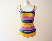 Vintage 60s 70s Bathing Suit One Piece Swim Suit Bathers Candy Stripe Terry Towelling Blue Pink Yellow