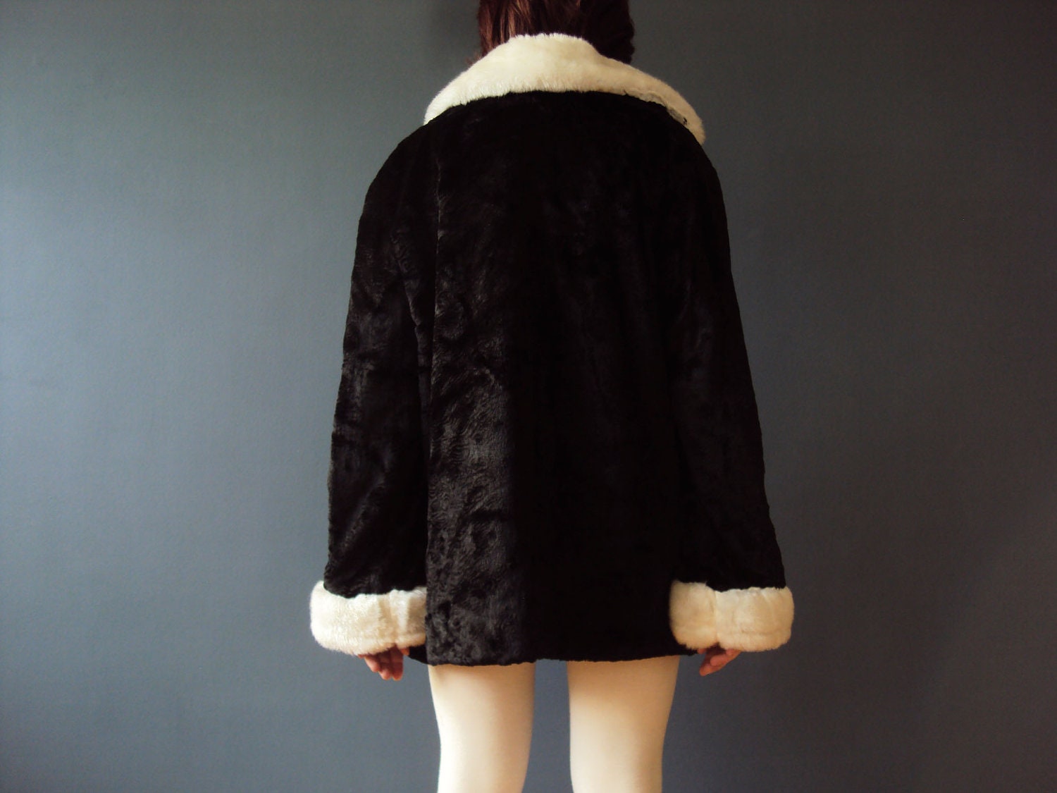 Vintage 60s Black & White Persian Lamb Faux Fur Swing Jacket Pea Coat Medium Vegan