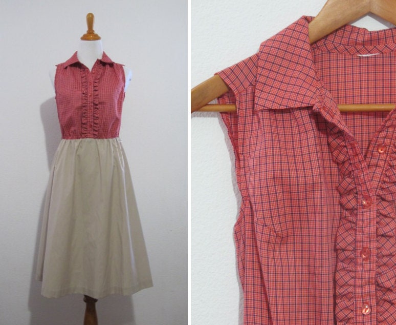 Vintage Red Plaid Ruffle & Khaki Sleeveless Dress