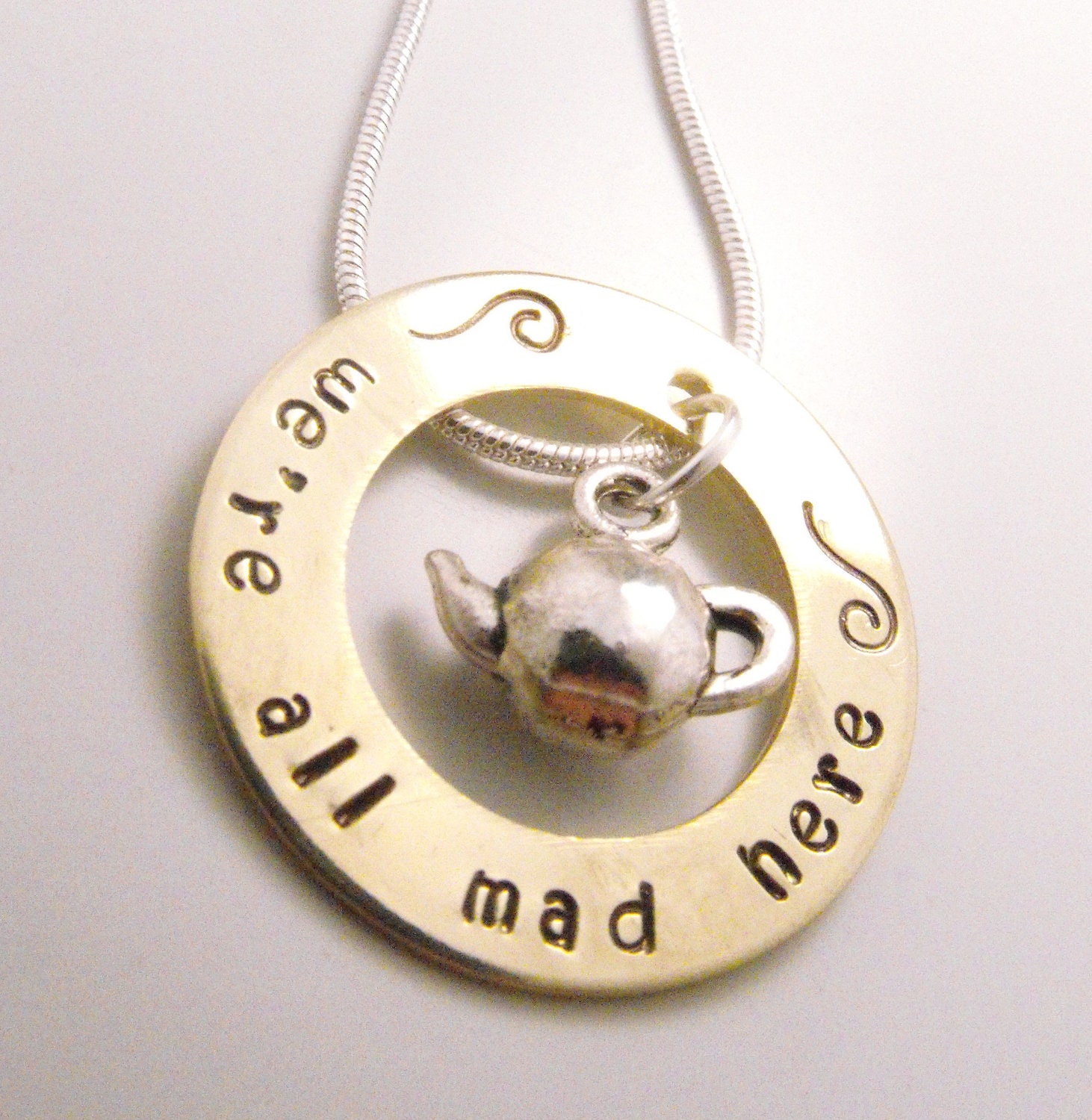 Hand Stamped "We're All Mad Here" Tea Pot Necklace